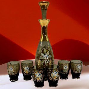 Bohemia Enamel Floral Gold Leaf Glass Decanter & 6 Cup Set